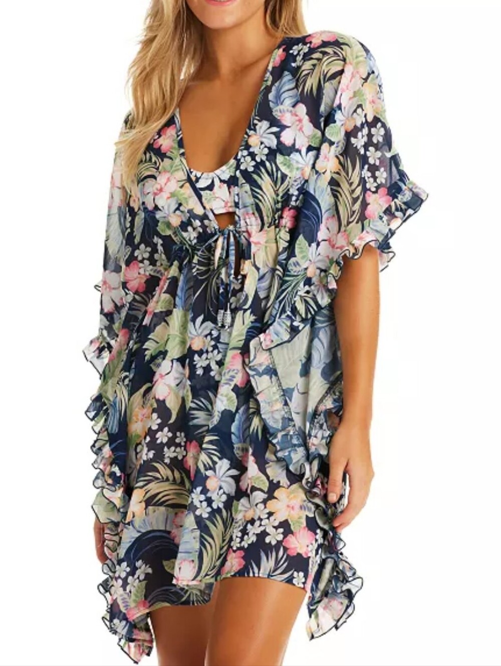 Jessica Simpson Women's Stranded In Paradise Printed Ruffled Cover Up Dress NWT - Picture 3 of 9